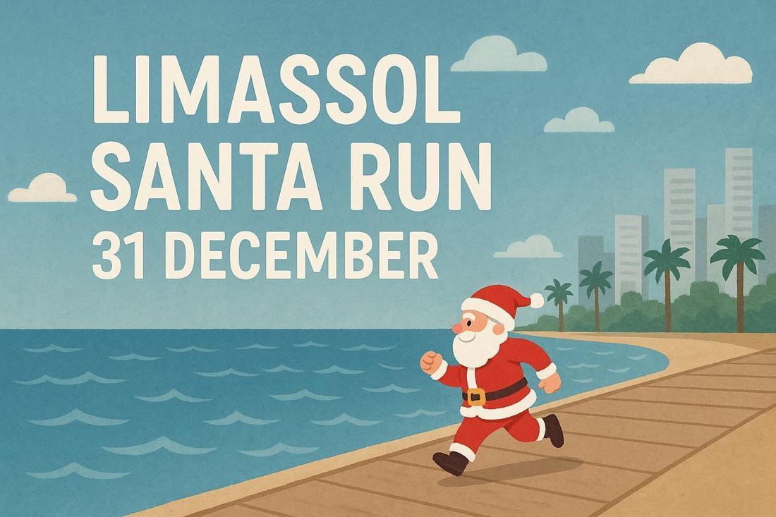 Illustrated poster from the previous edition: a runner in a Santa suit on the Limassol promenade beside the sea, palm trees and city towers behind.